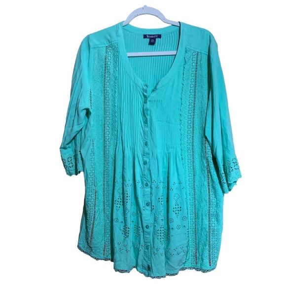 Roaman's Womens Plus Size 18W Green Pintucked Eyelet Button Up Blouse Top - Picture 1 of 8